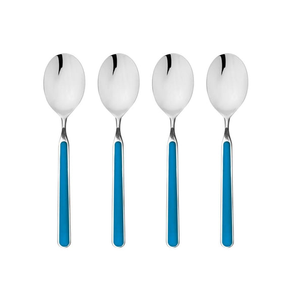 Four spoons with blue handles on a white background