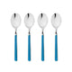 Four spoons with blue handles on a white background
