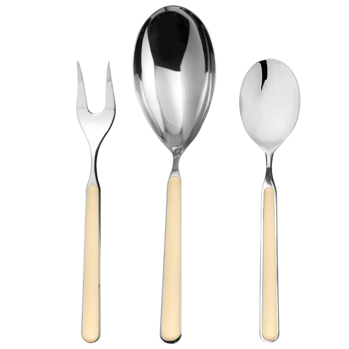 Set of silver cutlery with beige handles on a white background