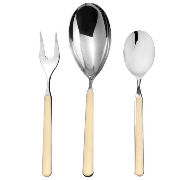 Set of silver cutlery with beige handles on a white background
