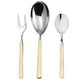Set of silver cutlery with beige handles on a white background