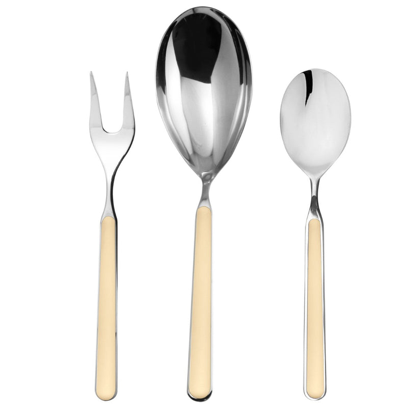 Set of silver cutlery with beige handles on a white background