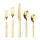 Set of gold cutlery including two forks, a knife, and two spoons on a white background.