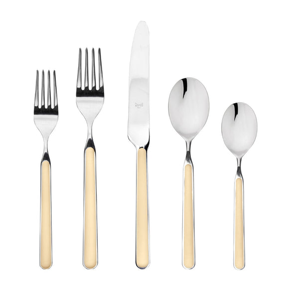 Set of silver cutlery with beige handles on a white background