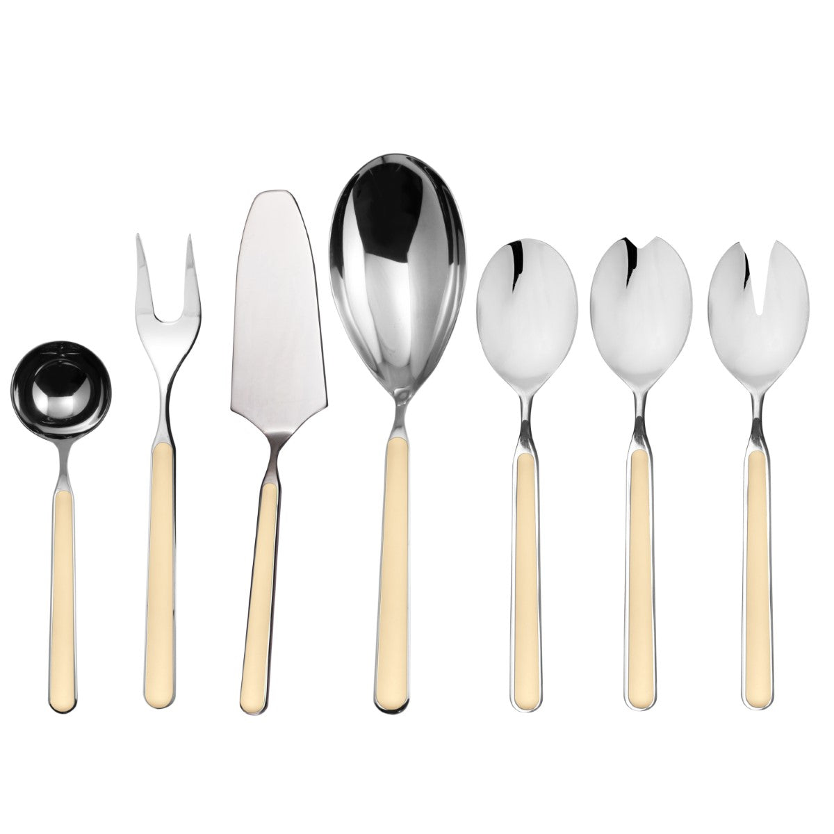 Set of silver cutlery with beige handles on a white background