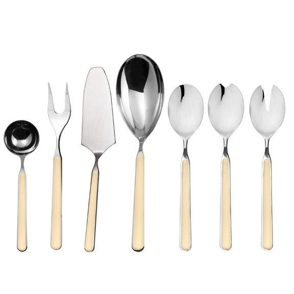 Set of silver cutlery with beige handles on a white background