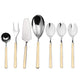 Set of silver cutlery with beige handles on a white background