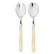 Two silver salad servers with beige handles on a white background