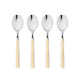 Four silver spoons with beige handles on a white background