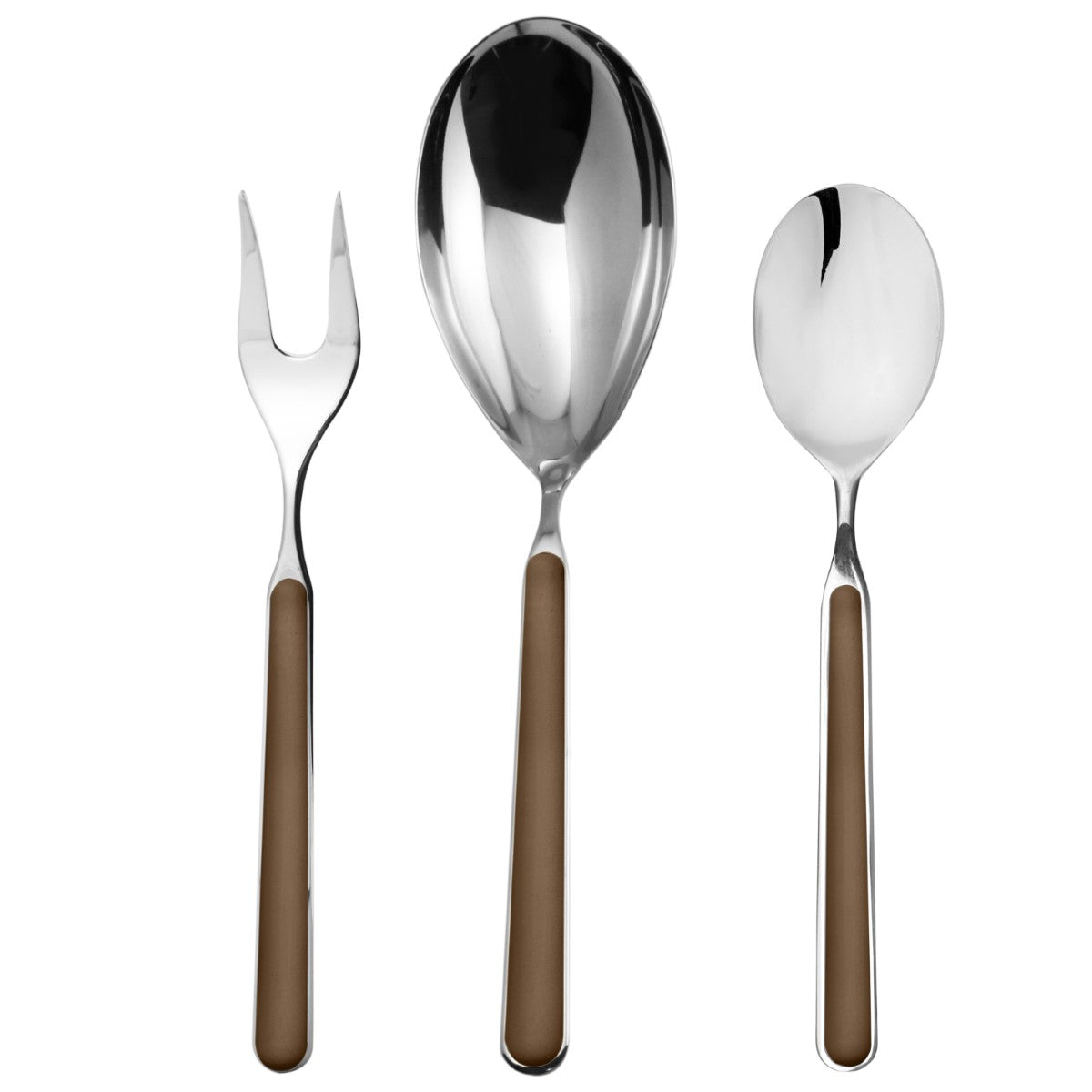 Set of silver cutlery with brown handles on a white background