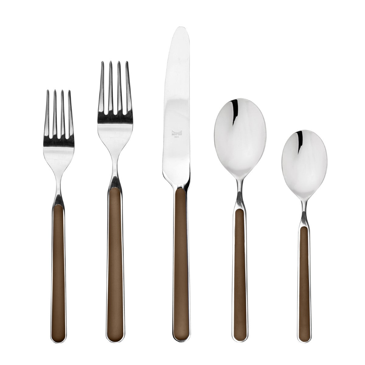Set of silver cutlery with brown handles on a white background