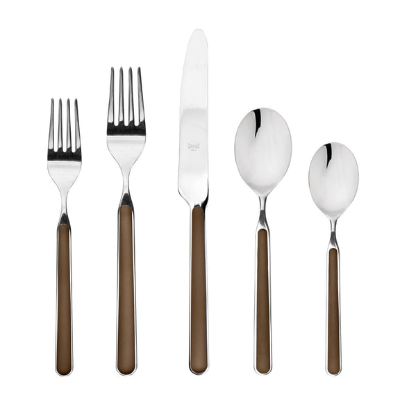 Set of silver cutlery with brown handles on a white background