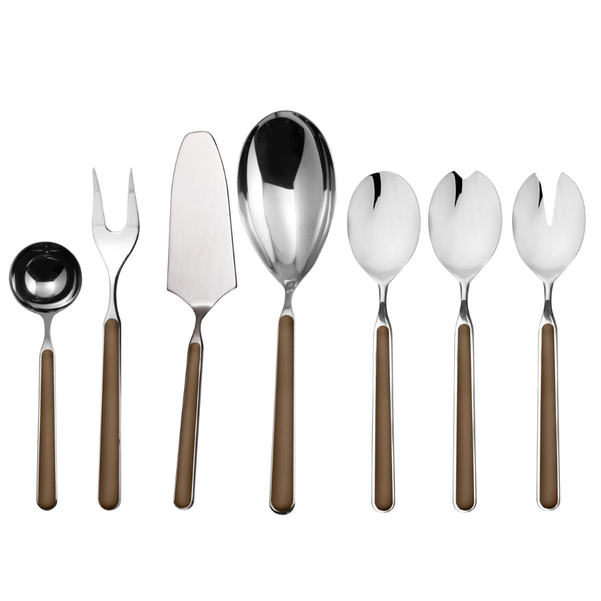 Set of silver cutlery with brown handles on a white background