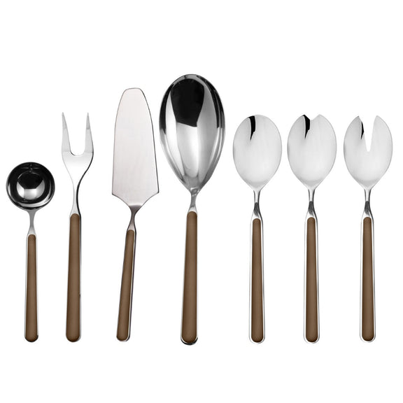 Set of silver cutlery with brown handles on a white background