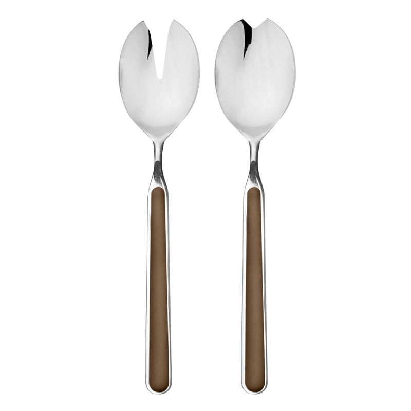 Two silver salad servers with brown handles on a white background