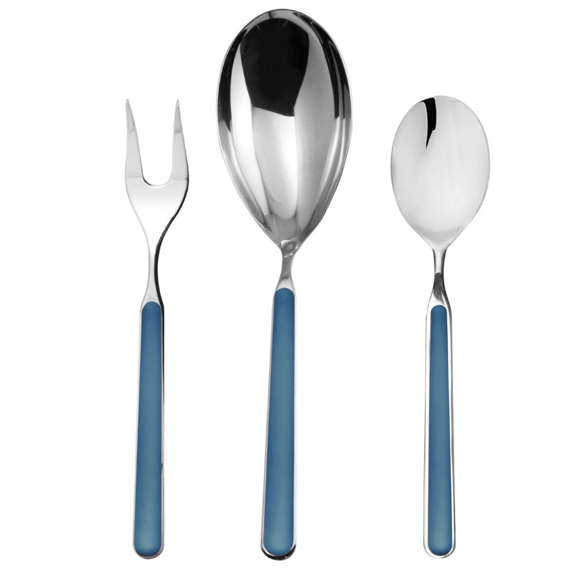 Set of silver cutlery with blue handles on a white background