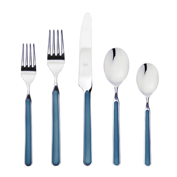 Set of silver cutlery with blue handles on a white background