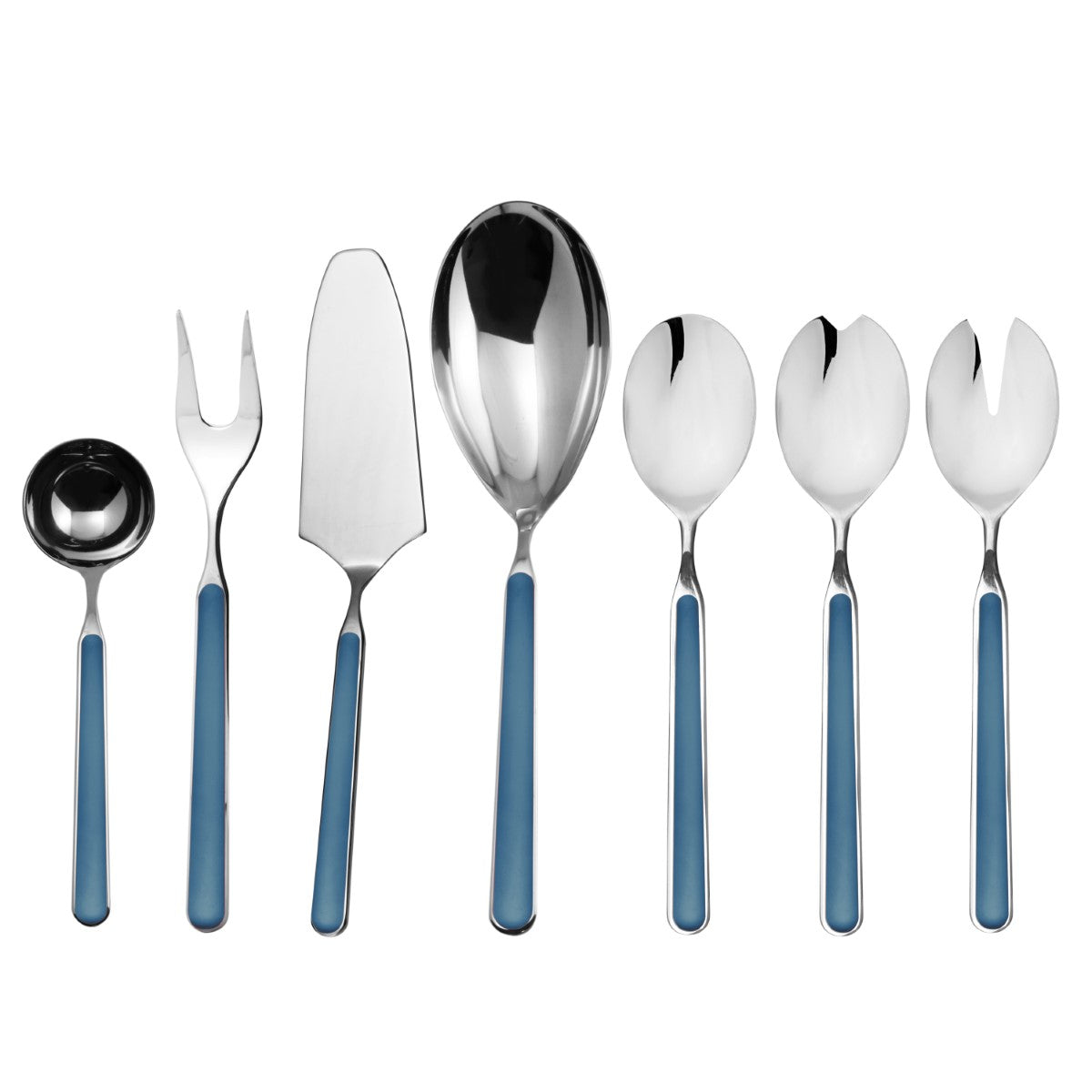 Set of silver cutlery with blue handles on a white background