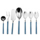 Set of silver cutlery with blue handles on a white background