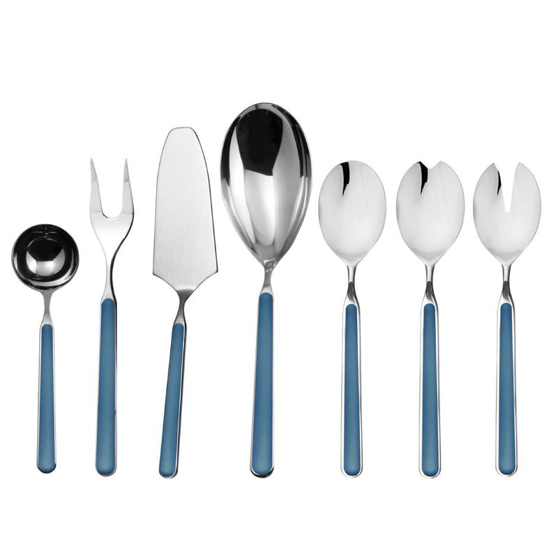 Set of silver cutlery with blue handles on a white background