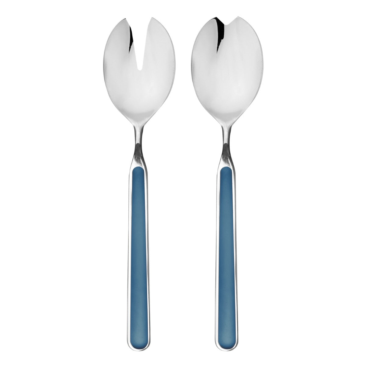 Two silver salad servers with blue handles on a white background