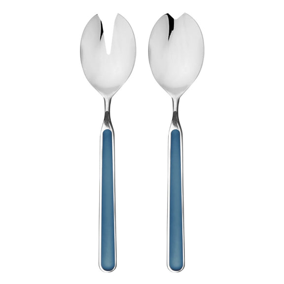 Two silver salad servers with blue handles on a white background