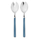 Two silver salad servers with blue handles on a white background