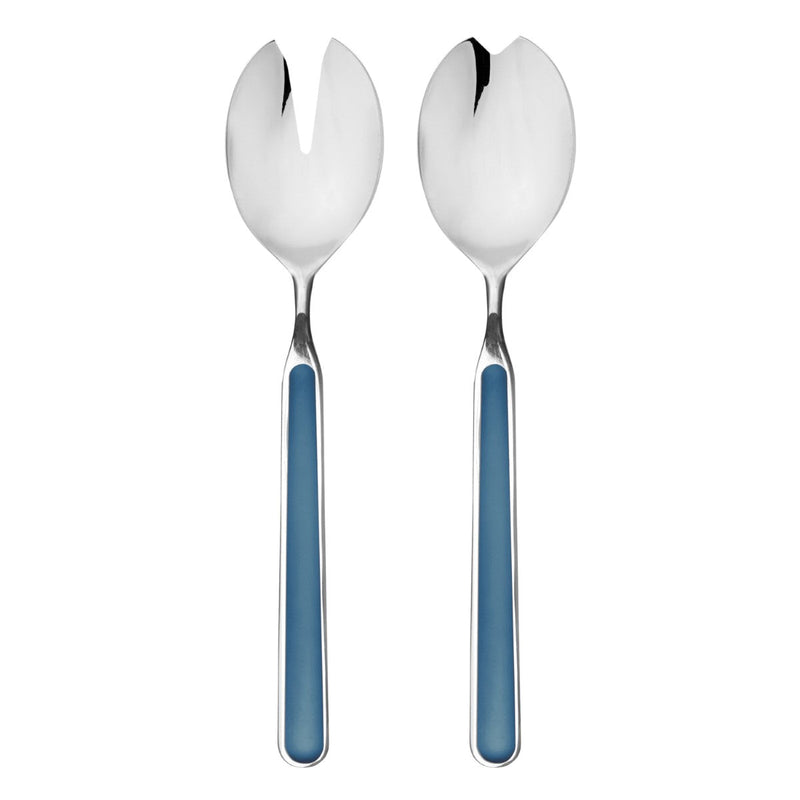 Two silver salad servers with blue handles on a white background