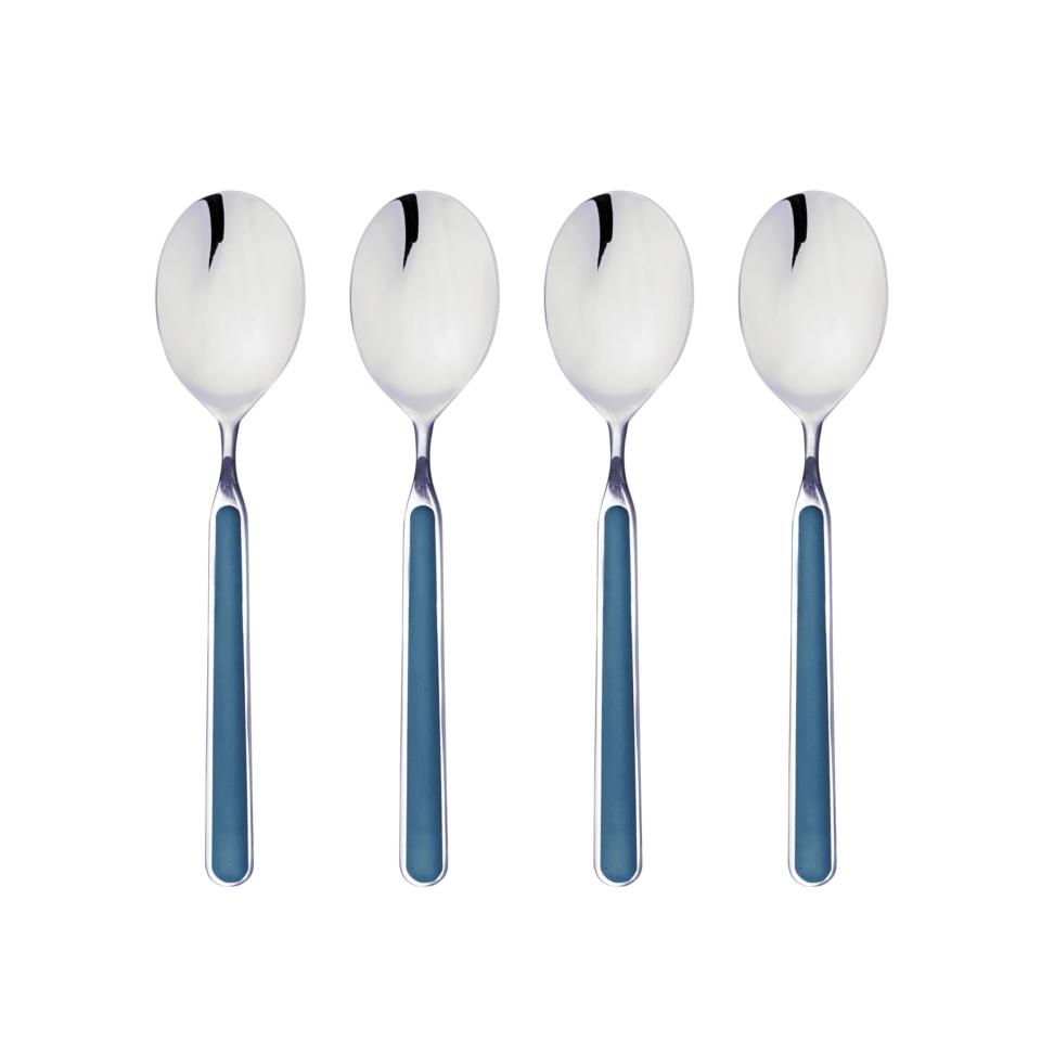 Four silver spoons with blue handles on a white background