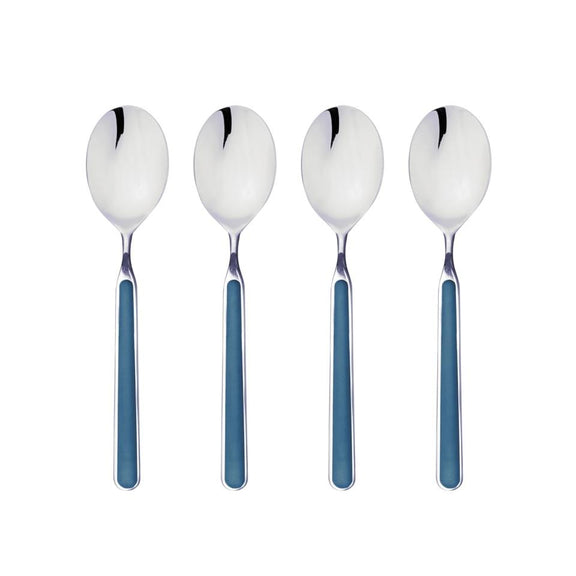 Four silver spoons with blue handles on a white background