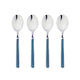 Four silver spoons with blue handles on a white background
