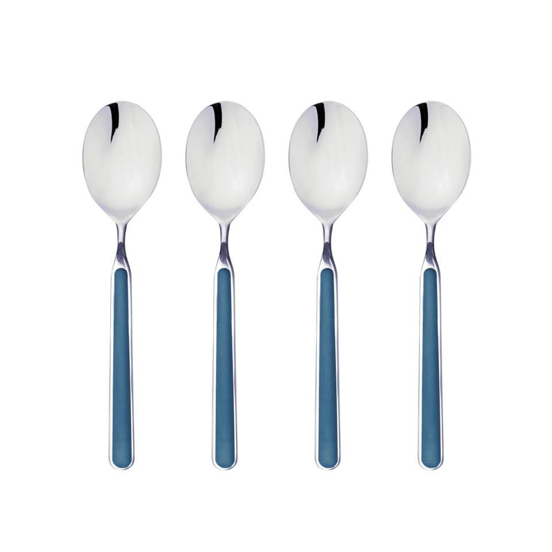 Four silver spoons with blue handles on a white background