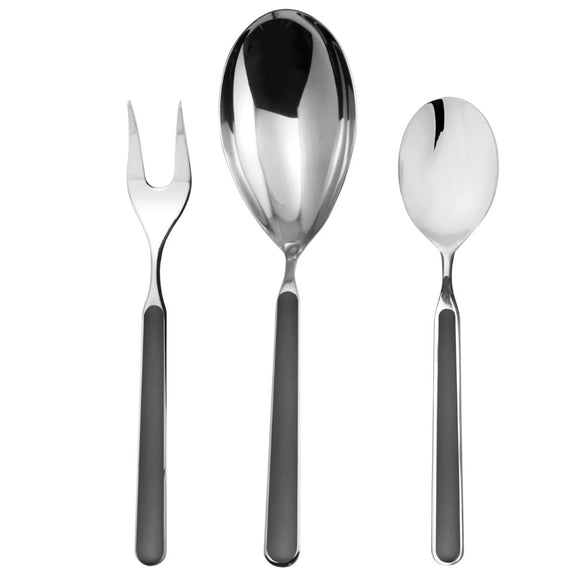 Set of silver cutlery including a fork, spoon, and another spoon on a white background