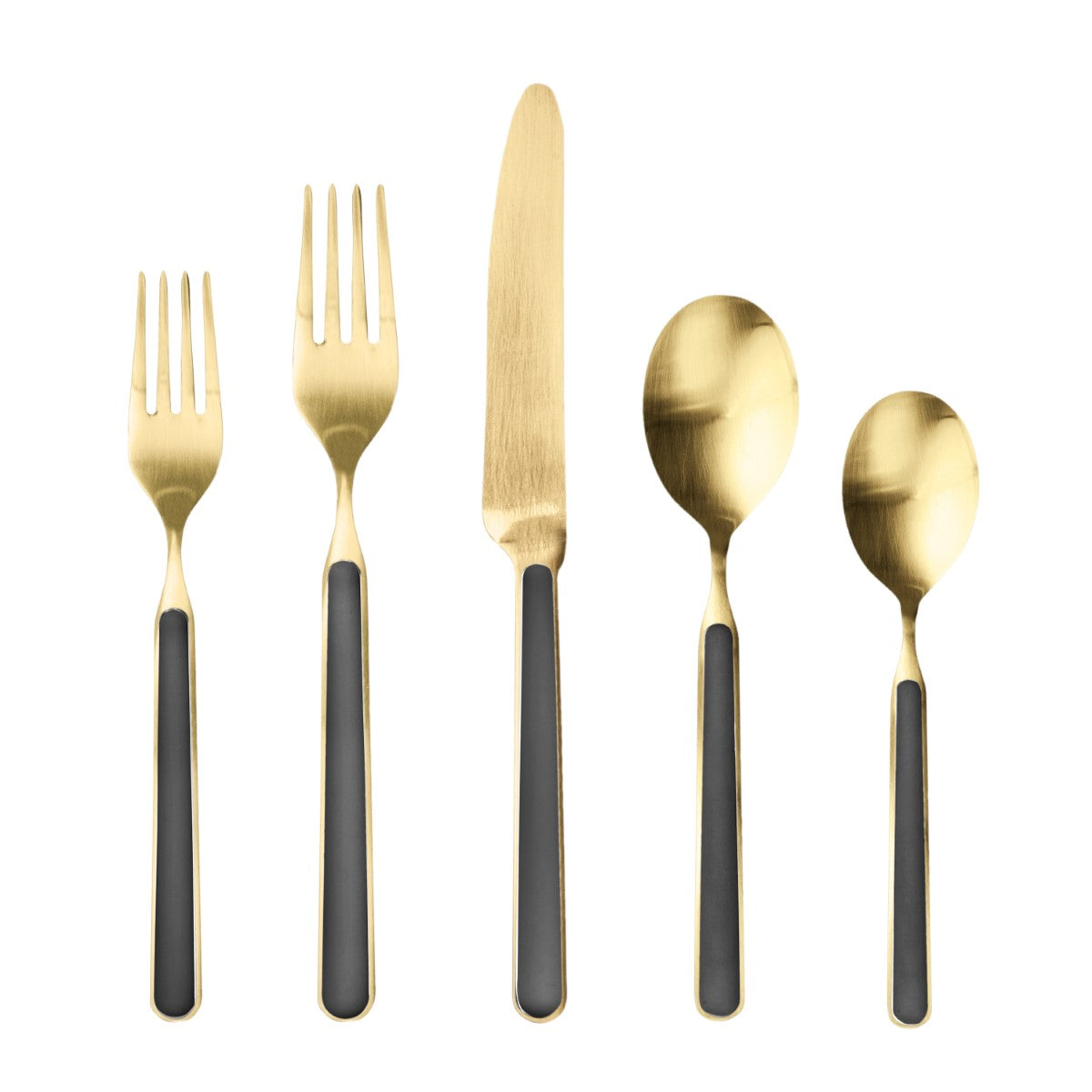 Set of gold cutlery with black handles on a white background
