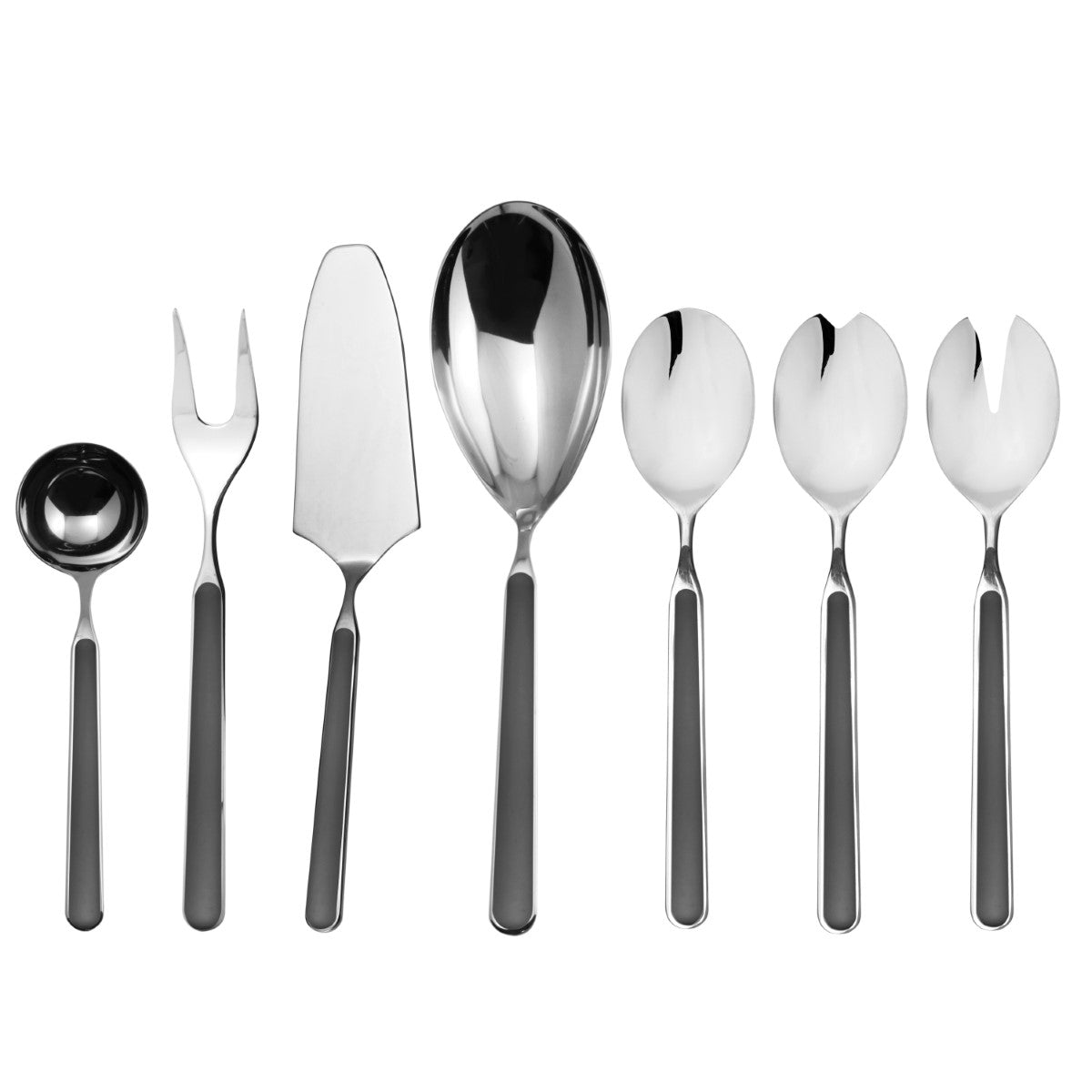 Set of silver cutlery including spoons, fork, and knife on a white background