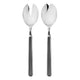 Two silver salad servers on a white background