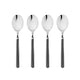 Four silver spoons on a white background