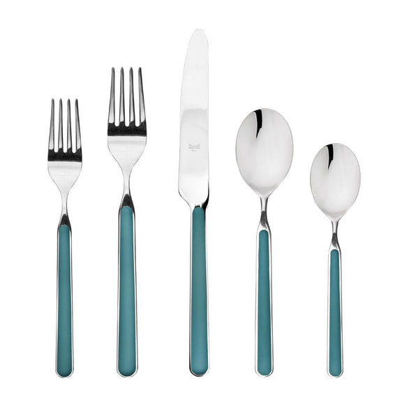 Set of silver cutlery with teal handles on a white background