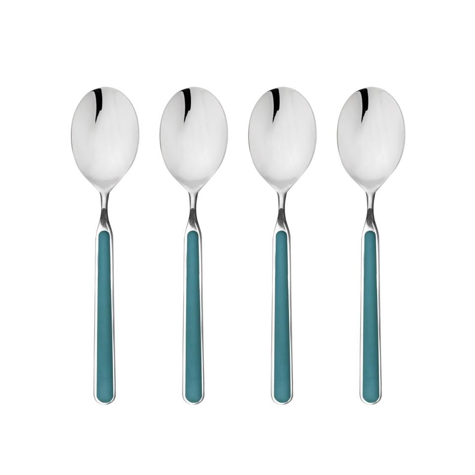 Four silver spoons with turquoise handles on a white background