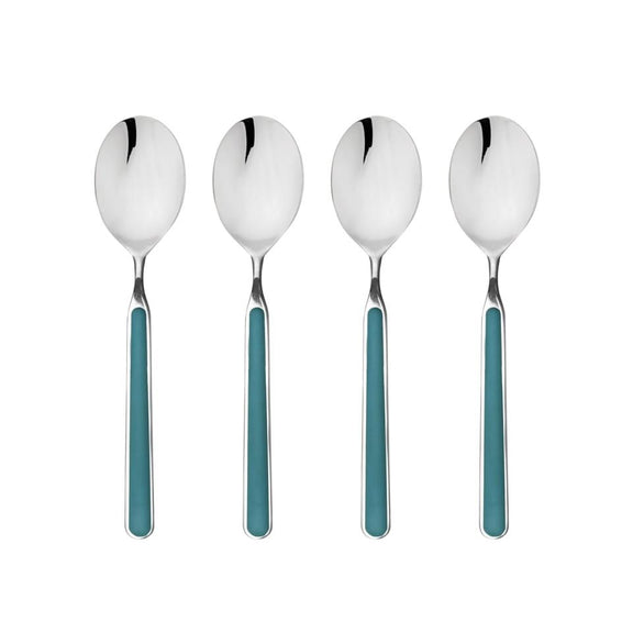 Four silver spoons with turquoise handles on a white background