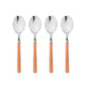 Four silver spoons with orange handles on a white background