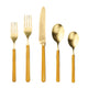 Set of gold cutlery including two forks, a knife, and two spoons on a white background.