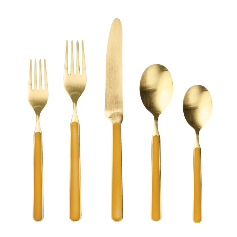 Set of gold cutlery including two forks, a knife, and two spoons on a white background.