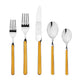 Set of silver cutlery with mustard yellow handles on a white background