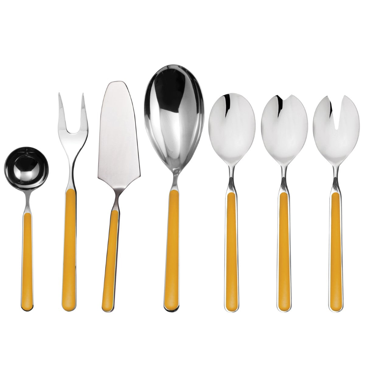 Set of silver cutlery with yellow handles on a white background