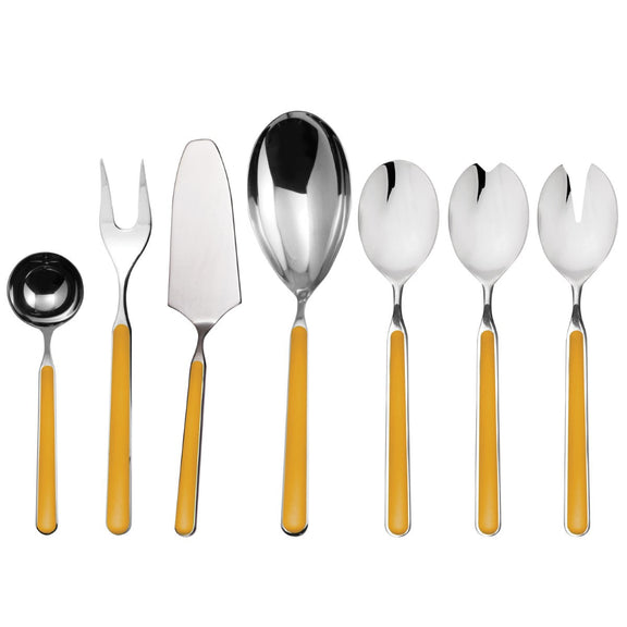 Set of silver cutlery with yellow handles on a white background