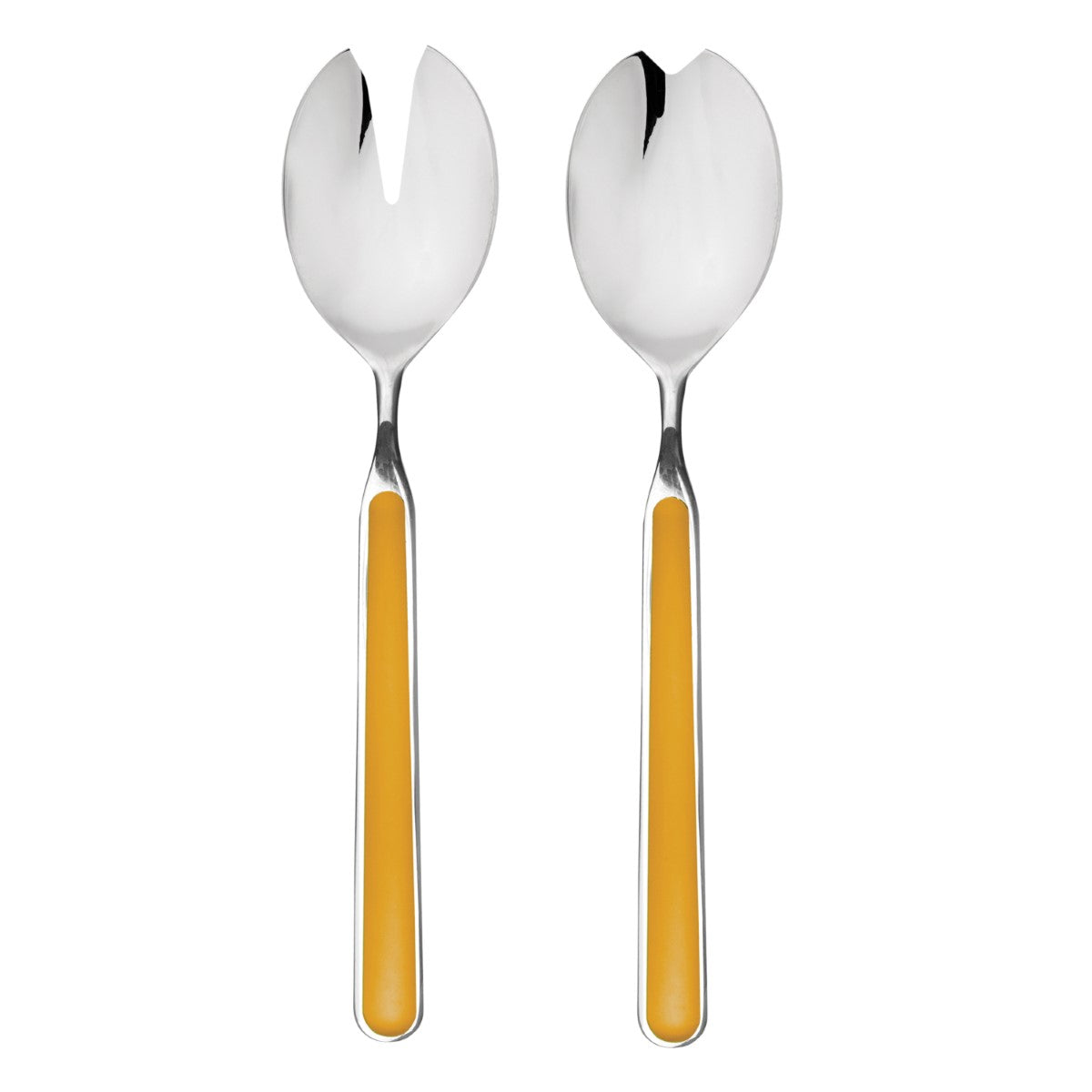 Two silver spoons with yellow handles on a white background