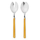 Two silver spoons with yellow handles on a white background