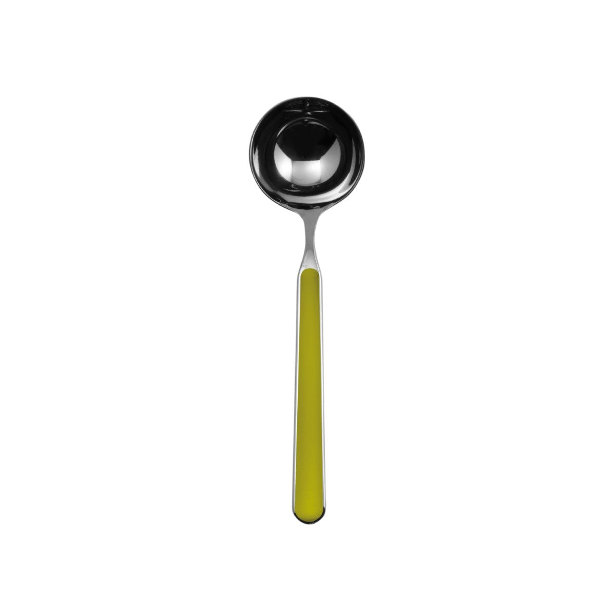 Spoon with a green handle on a white background