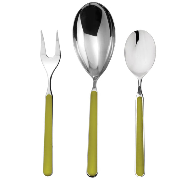 Set of silver cutlery with green handles on a white background
